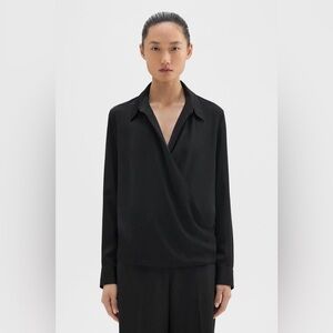NWT $395 Theory Wrap Blouse in Silk Georgette Black